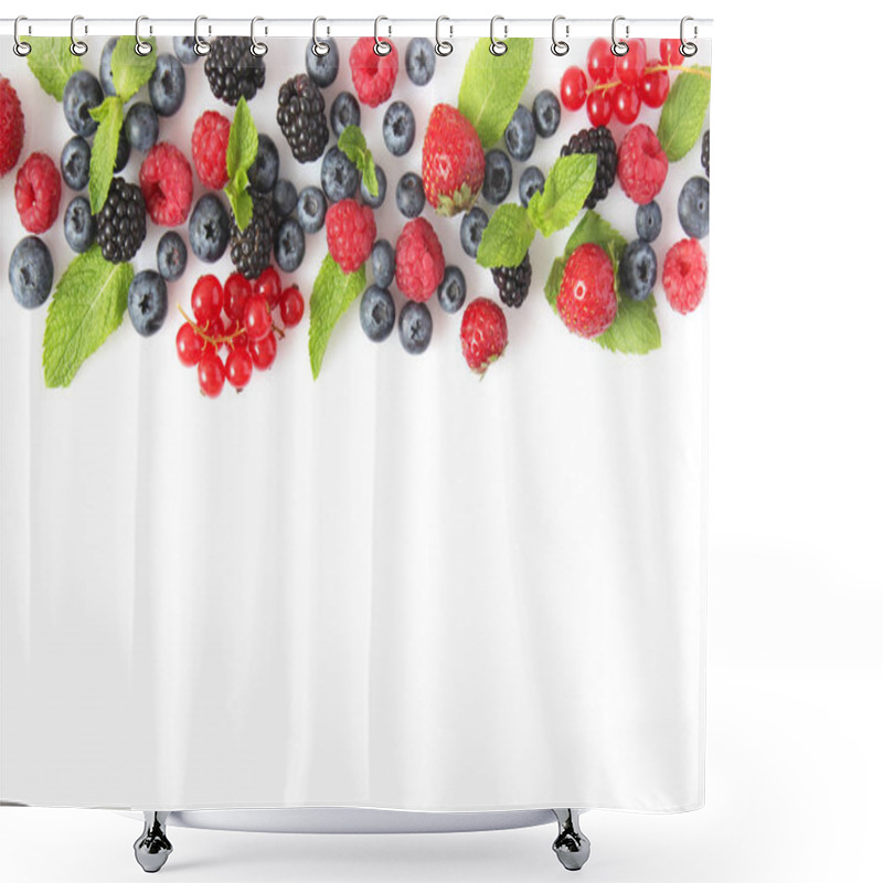 Personality  Wild Berries And Mint Leaves On A White Background Top View. Blueberries, Raspberries, Strawberries, Currants, Blackberries Shower Curtains