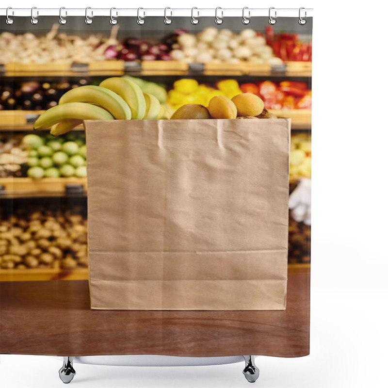 Personality  Object Photo Of Huge Shopping Bag Full Of Fresh Natural Fruits With Grocery Stall On Backdrop Shower Curtains