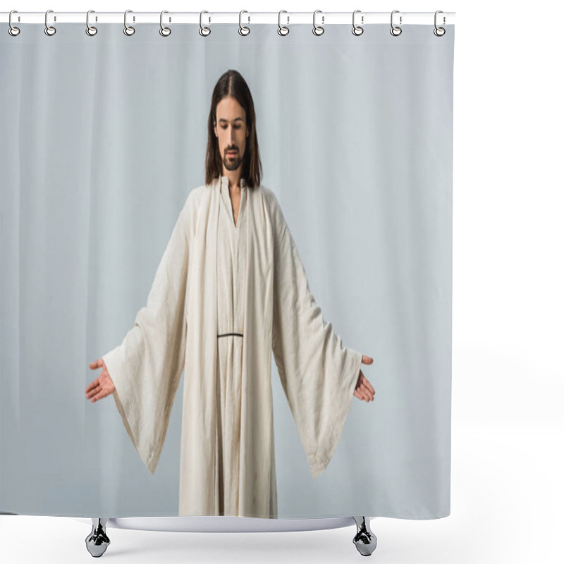 Personality  Man In Jesus Robe Standing With Outstretched Hands Isolated On Grey Shower Curtains