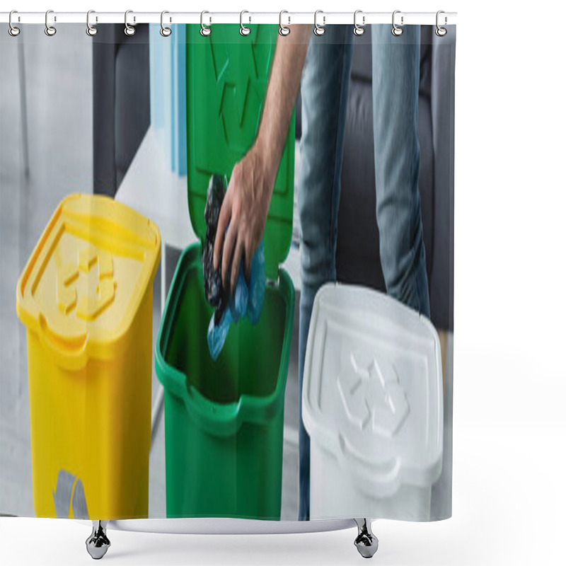 Personality  Cropped View Of Man Putting Plastic Bags In Trash Can With Recycle Sign At Home, Banner  Shower Curtains