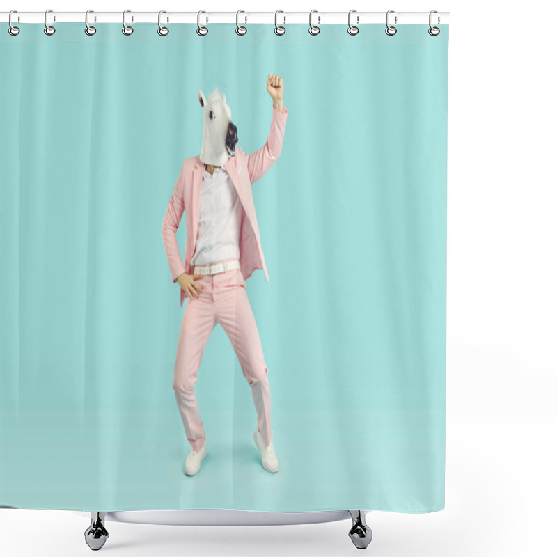 Personality  Funny Man Wearing Horse Head Mask Having Fun And Dancing. Full Body Length Portrait Of Successful Eccentric Man In Pastel Pink Suit Dancing Over Isolated On Light Blue Studio Background Shower Curtains