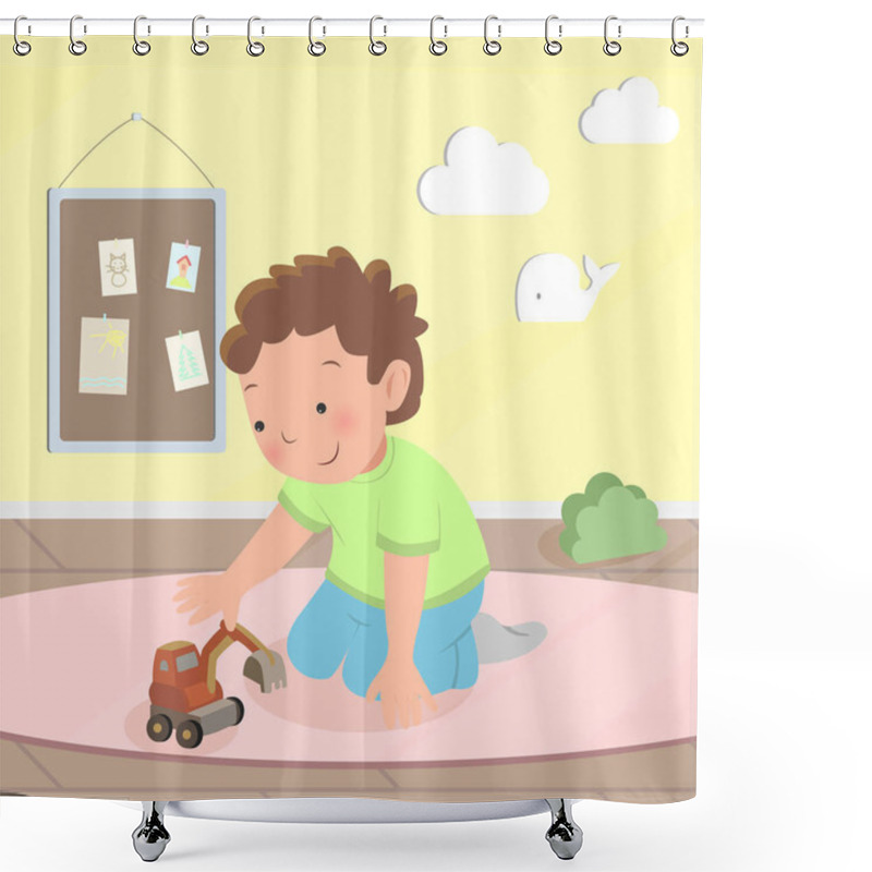 Personality  Cute Boy Sitting On Floor And Playing With Car. Child In Kindergarten. Cartoon Vector Illustration Shower Curtains