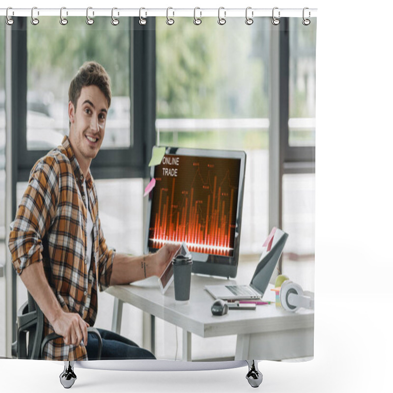 Personality  Smiling Programmer Looking At Camera While Sitting Near Computer Monitor With Online Trade On Screen Shower Curtains