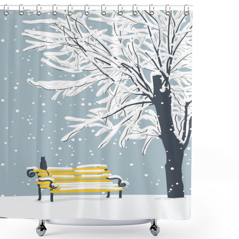 Personality  Vector Winter Landscape With A Lonely Cat On A Yellow Bench In The Park Under A Snow-covered Tree. Snowy Winter Illustration Shower Curtains