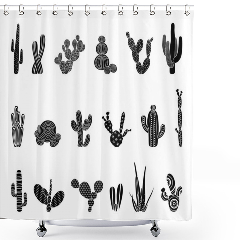 Personality  Black Silhouettes Of Cacti, Succulents, Aloes. Vector Illustration Isolated On A White Background. Cactus Icons. Mexican Desert Cactus, Tropical Plants, Summer Garden. Decorated Cacti Drawn By Hand Shower Curtains