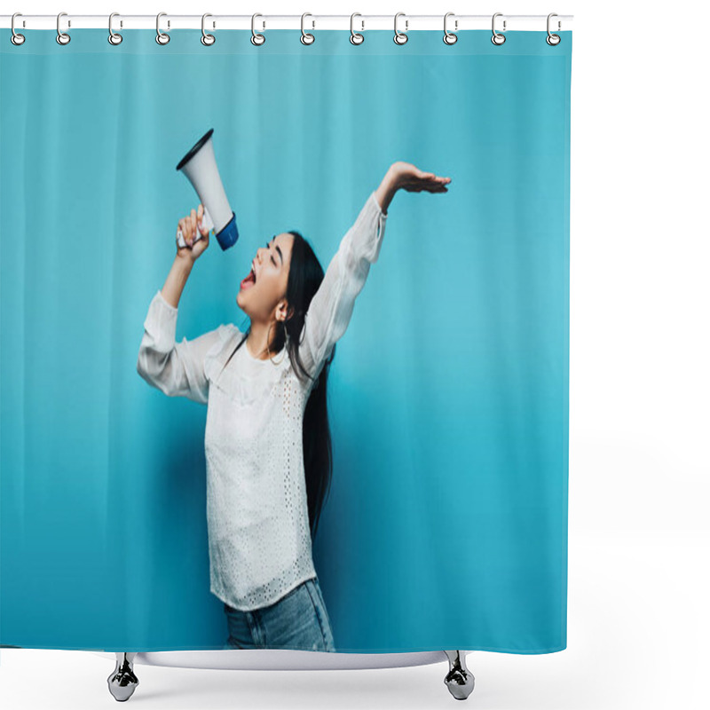 Personality  Brunette Asian Woman Screaming In Loudspeaker On Blue Background Shower Curtains