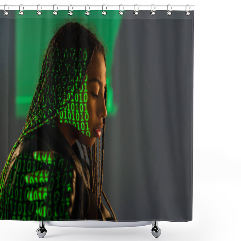 Personality  Side View Of African American Woman With Projection Of Binary Code On Grey Background  Shower Curtains