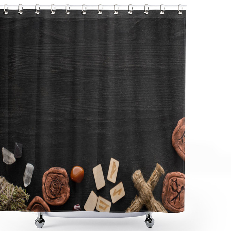 Personality  Top View Of Shamanic Amulets, Doll And Runes On Black Wooden Background Shower Curtains