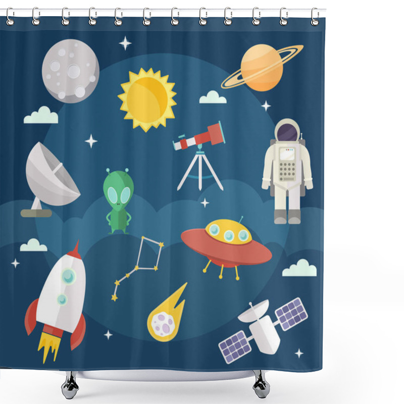 Personality  Set Of Vector Flat Cartoon Cosmic Icons. Space Exploration, Flights Shower Curtains