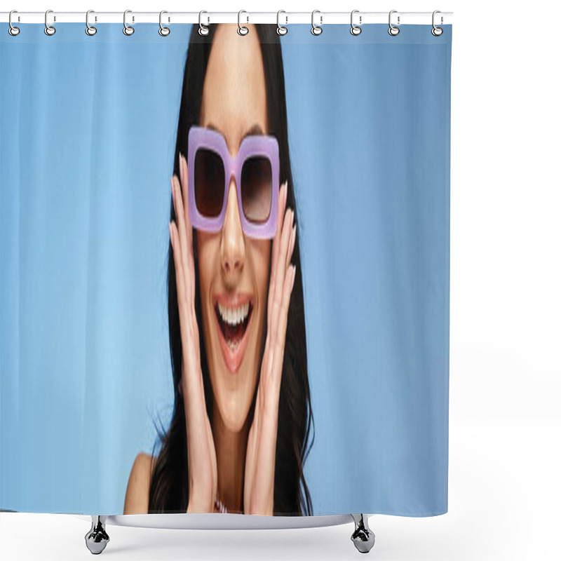 Personality  A Stylish Woman In Purple Sunglasses, Hands On Face, Exuding Confidence In A Summertime Studio Shoot On A Blue Background. Shower Curtains