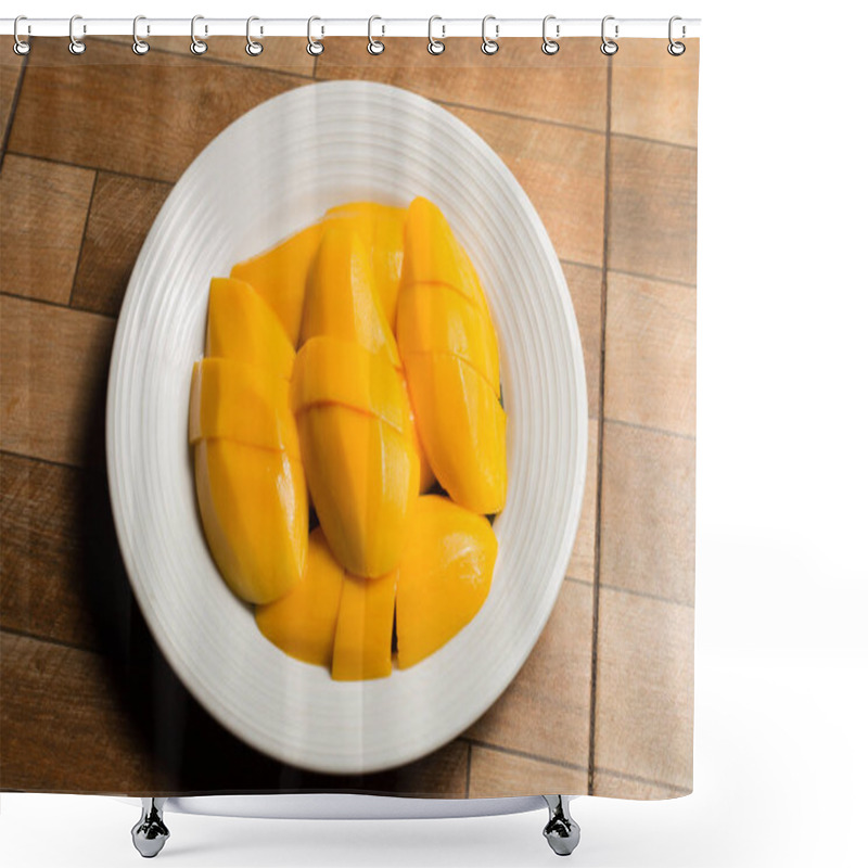 Personality  Mango And Sticky Rice In The White Dish On Wooden Floor,Thai Dessert Popular In The Summer Of Thailand Shower Curtains