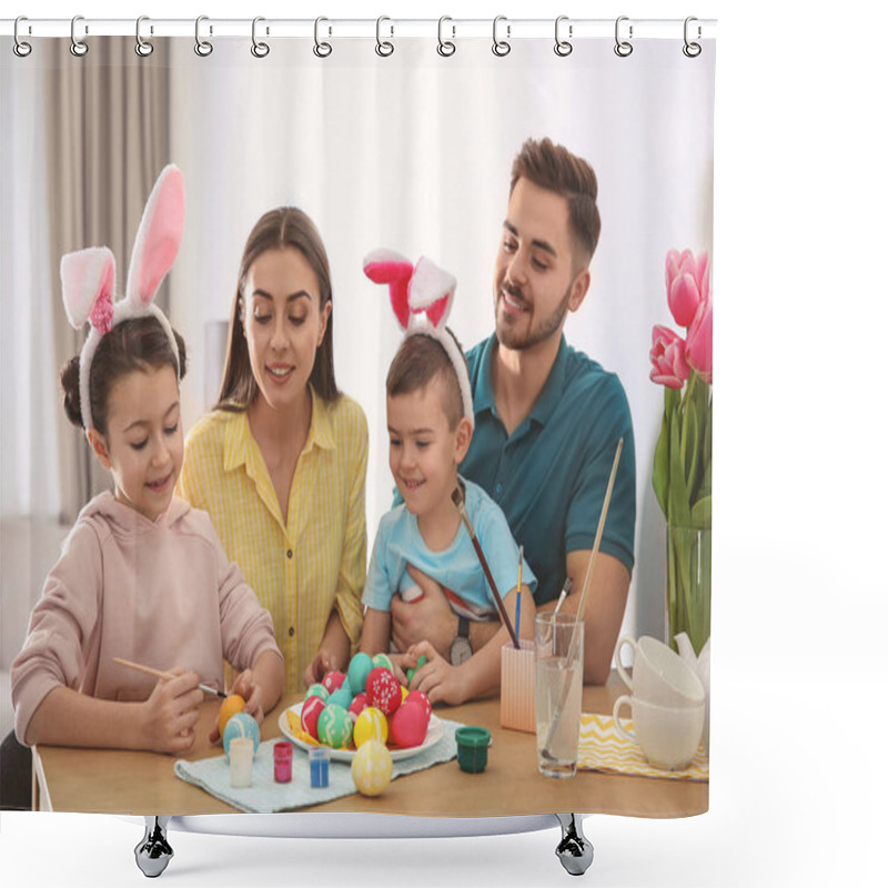 Personality  Happy Family With Easter Eggs At Home. Festive Tradition Shower Curtains