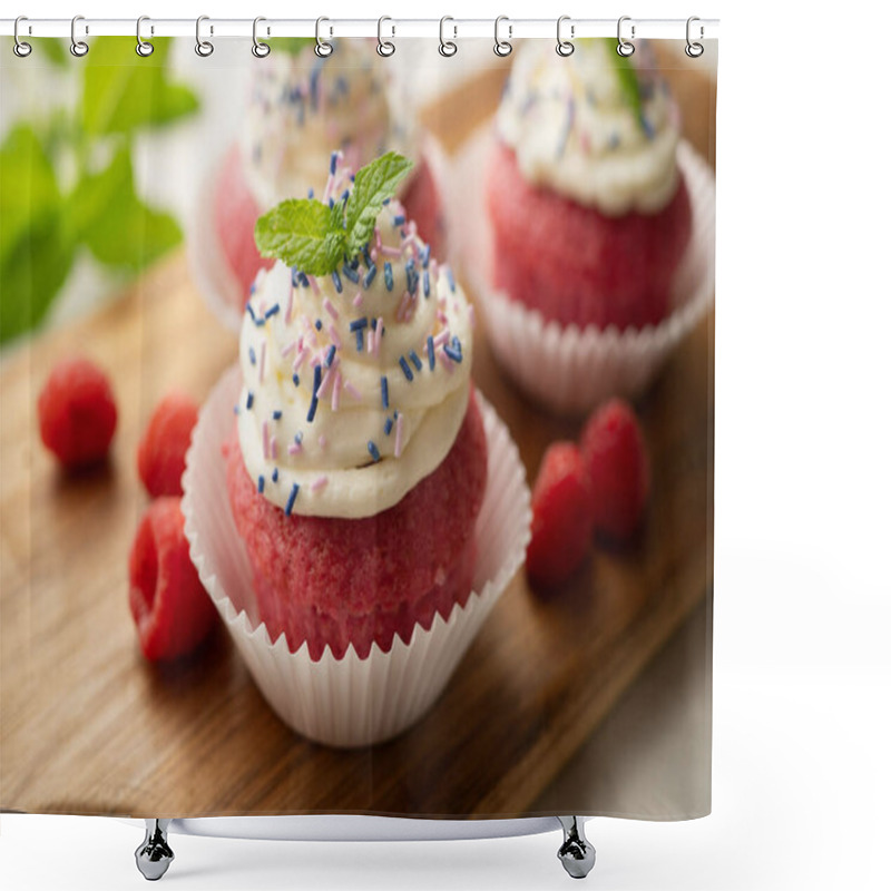 Personality  Red Velvet Muffins With Sweet And Caramel Frosting. Shower Curtains