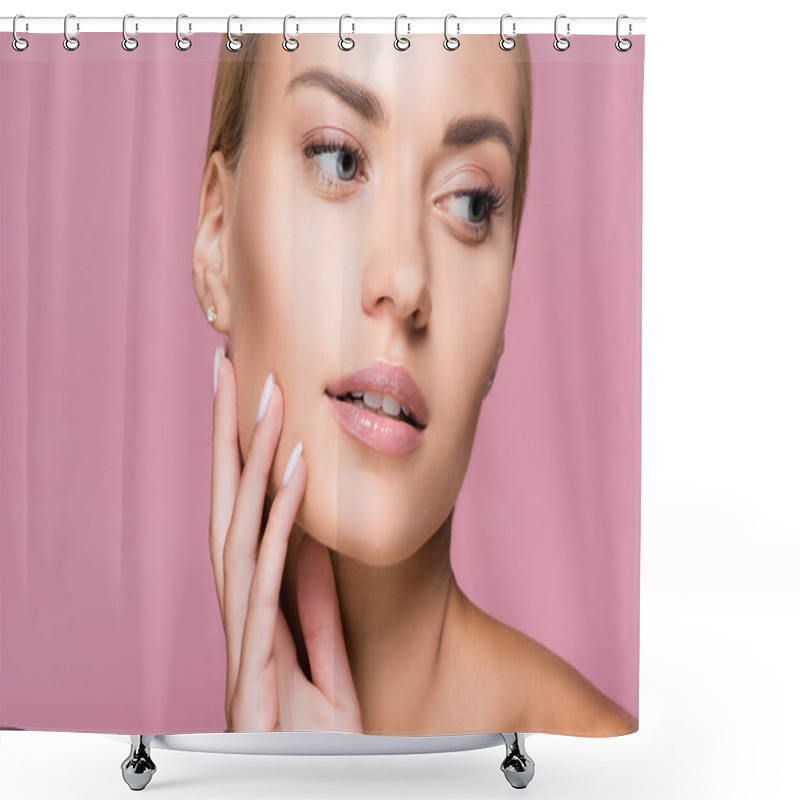 Personality  Beautiful Blonde Woman With Perfect Skin Touching Face Isolated On Pink Shower Curtains