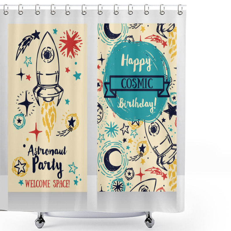 Personality  Cute Hand Drawn Rocket On Stars Background, Invitation Cards For Boy's Birthday Party, Sketch Style Vector Illustration Shower Curtains