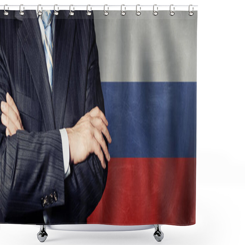 Personality  Male Hands Against Russian Flag Background, Business, Politics And Education In Russia Concept Shower Curtains