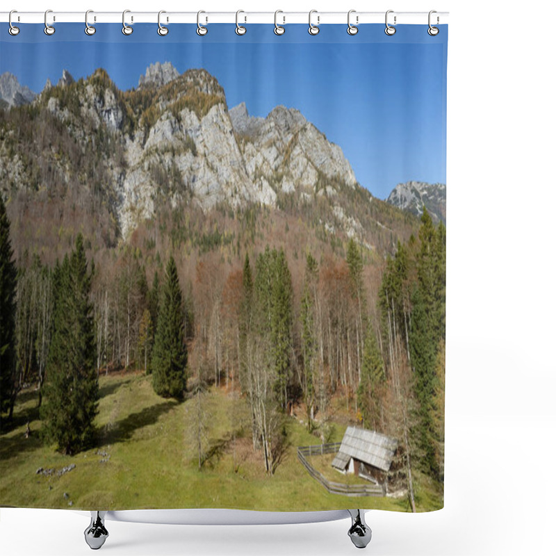 Personality  Idyllic Mountain Scenery With A Wooden Hut In The Foreground And Impressive Rock Faces In The Background On A Sunny Autumn Day Shower Curtains