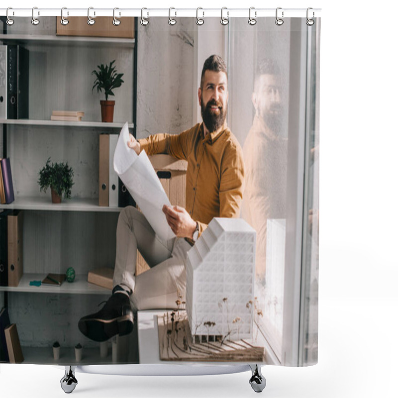 Personality  Smiling Bearded Adult Male Architect Sitting Near House Model, Holding Blueprint And Working On Project In Office  Shower Curtains