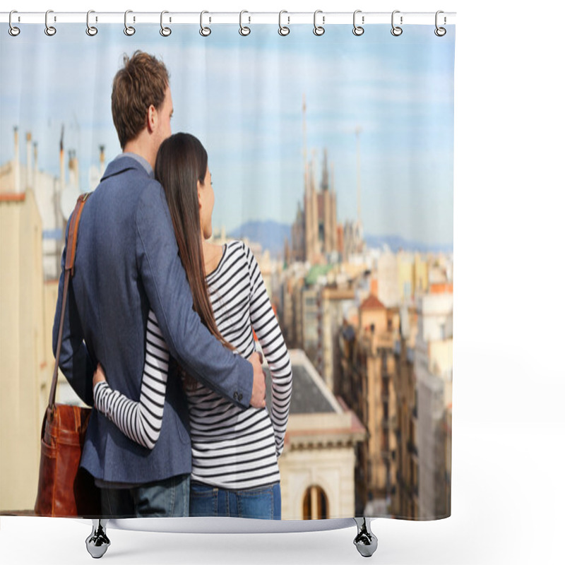 Personality  Romantic Couple Looking At View Of Barcelona Shower Curtains