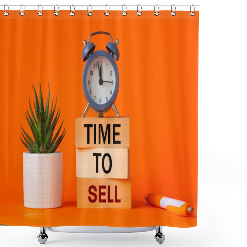 Personality  Time To Sell Symbol. Alarm Clock And Time To Sell, Word Concept On Wooden Blocks. Beautiful Orange Background, Succulent On Desk, Business And Sales Concept. Copy Space Shower Curtains