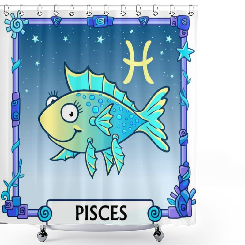 Personality  Zodiac Sign Pisces. Fantastic Animation Animal. A Background - The Star Sky, A Decorative Frame. Vector Illustration. Shower Curtains