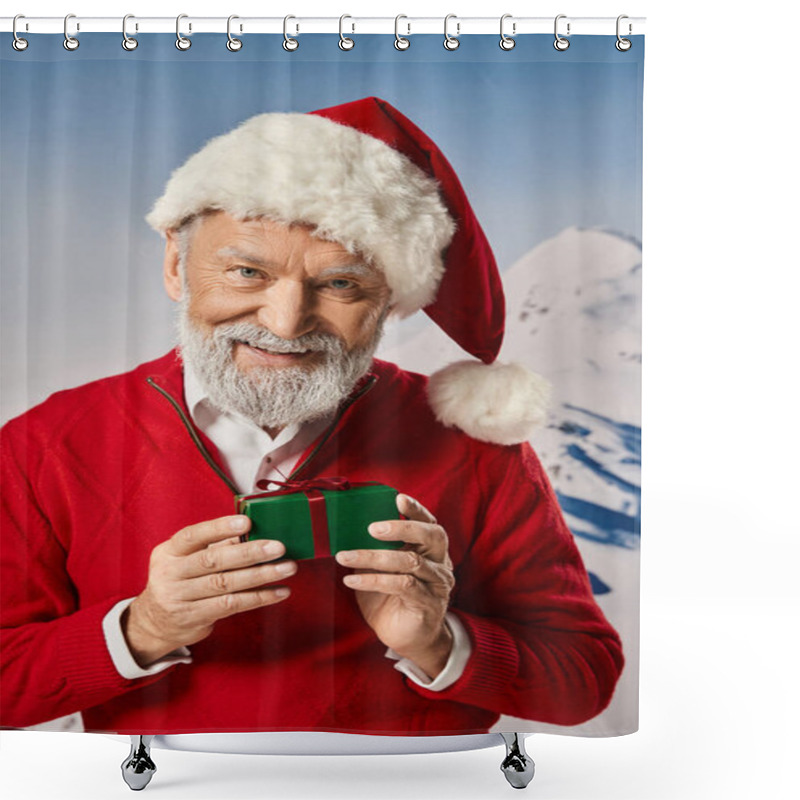 Personality  Jolly Santa With White Beard Holding One Small Present And Smiling At Camera, Winter Concept Shower Curtains