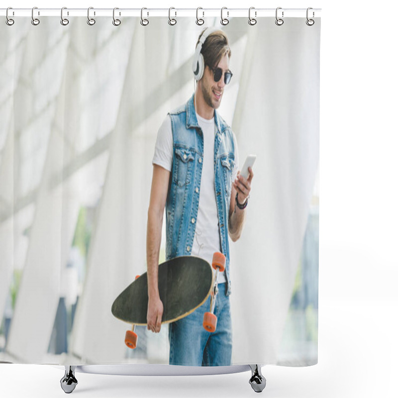 Personality  Handsome Young Man With Longboard Using Smartphone On Street Of Modern City Shower Curtains