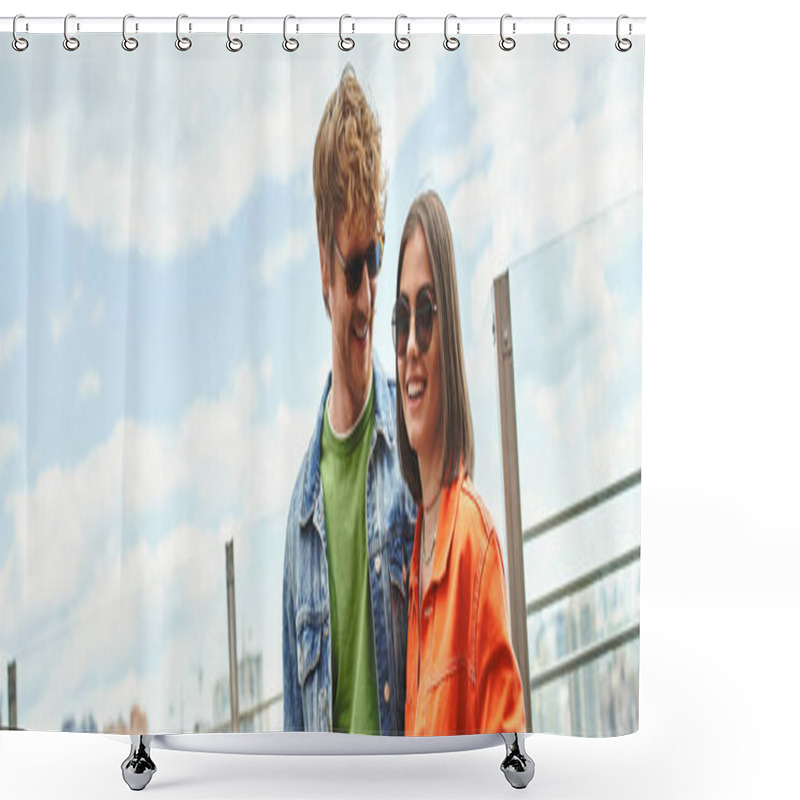 Personality  A Man And A Woman Stand Side By Side, Their Silhouettes Casting Long Shadows On The Ground Shower Curtains