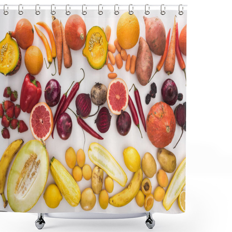 Personality  Top View Of Assorted Autumn Vegetables, Citruses, Fruits And Berries On White Background Shower Curtains