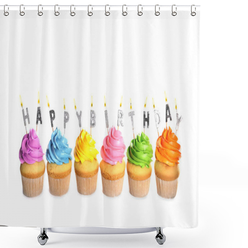 Personality  Birthday Cupcakes With Burning Candles On White Background Shower Curtains