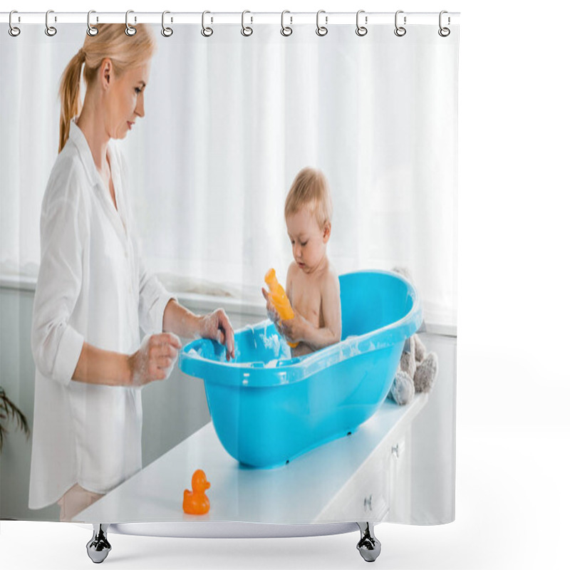 Personality  Blonde Mother Looking At Toddler Son Holding Bottle With Shampoo  Shower Curtains