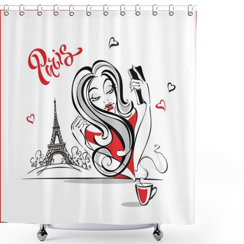 Personality  A Girl In Paris Doing A Selfie. Photographed Against The Backdrop Of The Eiffel Tower. Tourist. Beautiful Parisian. Fashion Model. Vector Illustration. Shower Curtains