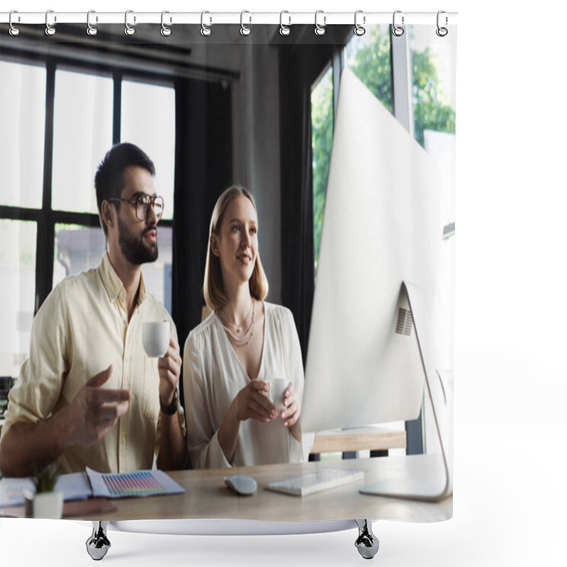 Personality  Businessman Holding Coffee And Talking To Intern Near Computer In Office  Shower Curtains