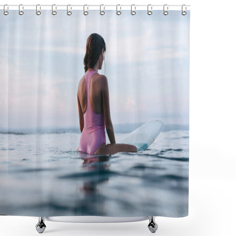 Personality  Back View Of Young Sportswoman Sitting On Surfboard In Water   Shower Curtains