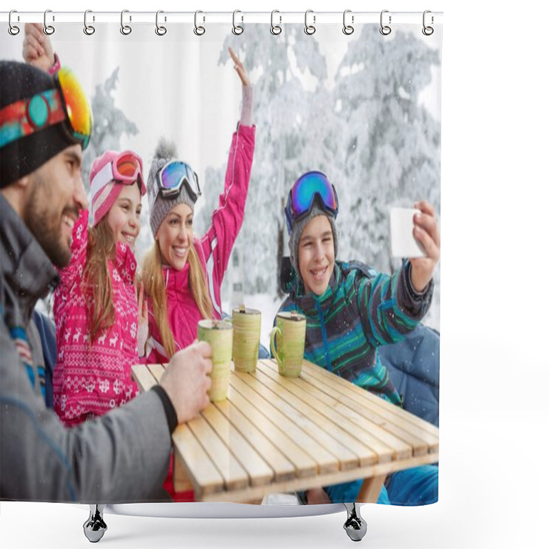 Personality  Skiing Family In Cafe Making Photo While Resting Shower Curtains