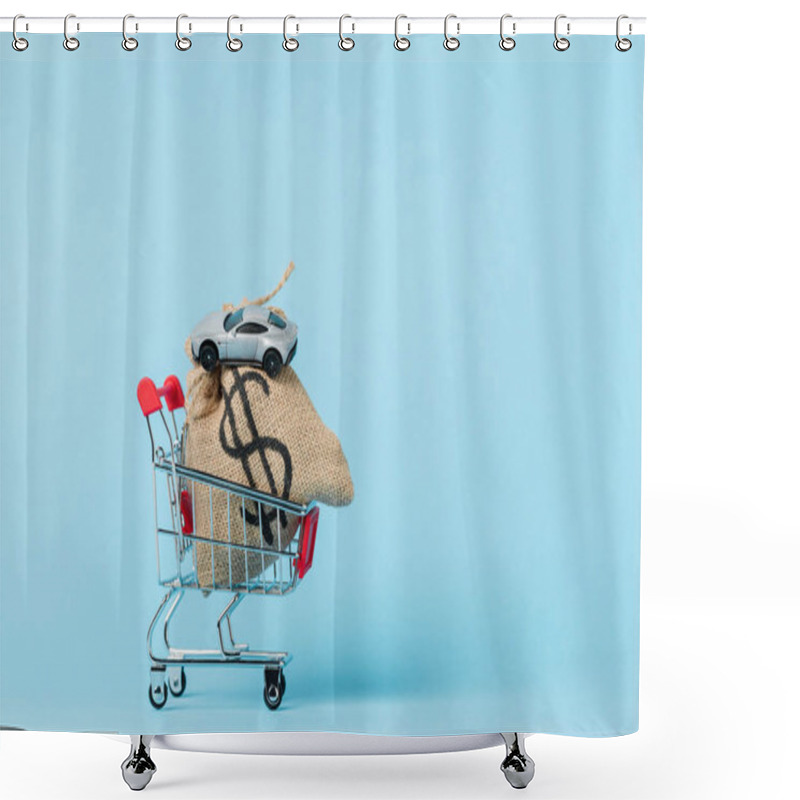 Personality  Little Shopping Trolley With Dollar Bag And Toy Car On Blue, Leasing Concept Shower Curtains