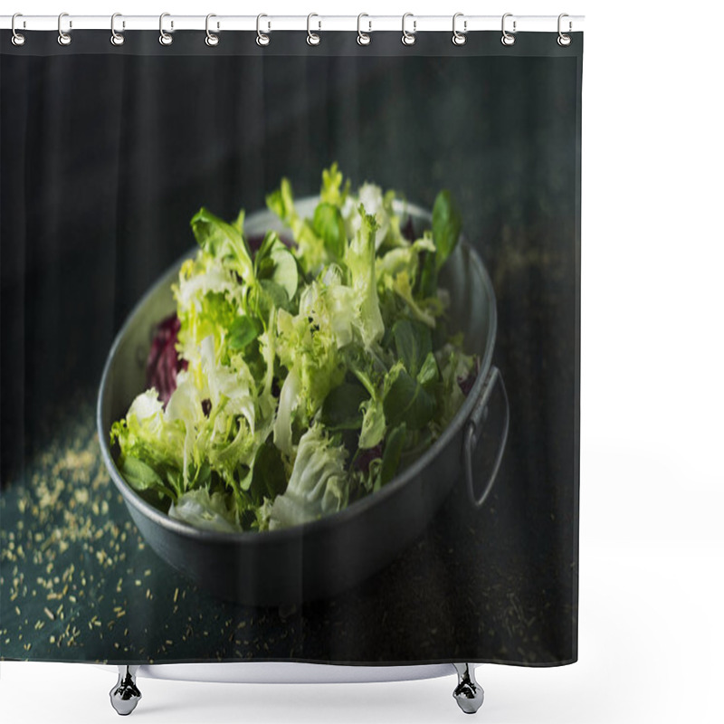 Personality  Mix Of Different Salad Leaves In A Metal Dish Shower Curtains