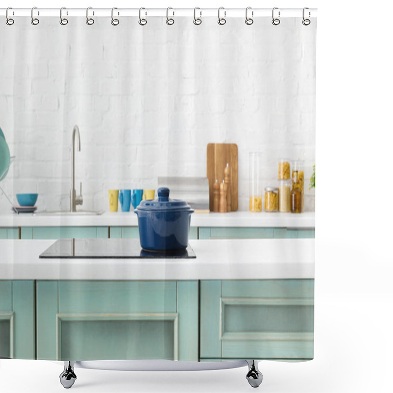 Personality  Selective Focus Of Modern White And Turquoise Kitchen Interior With Pot On Electric Induction Cooktop Shower Curtains