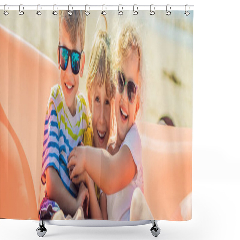 Personality  Children Sit On An Inflatable Sofa Against The Sea And Have Fun BANNER, LONG FORMAT Shower Curtains