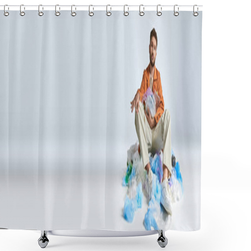 Personality  A Man Sits Surrounded By A Sea Of Plastic Bags, His Expression Thoughtful. Shower Curtains