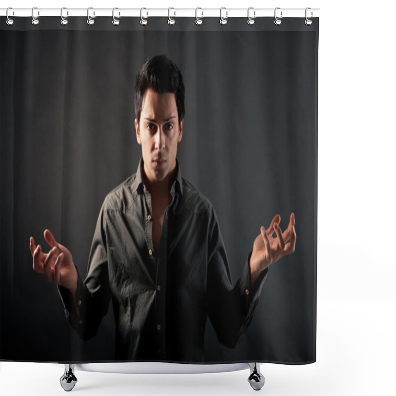 Personality  Young Man Showing Hands As A Magician Shower Curtains