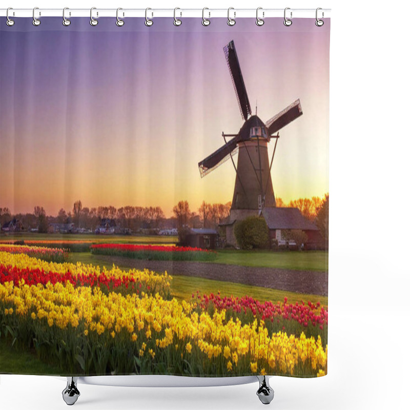 Personality  Daffodils And Tulips Blanket The Countryside, Glowing Under The Warm, Rich Colors Of A Springtime Sunset. The Vintage Windmill In The Distance Adds A Touch Of Rustic Nostalgia. Shower Curtains