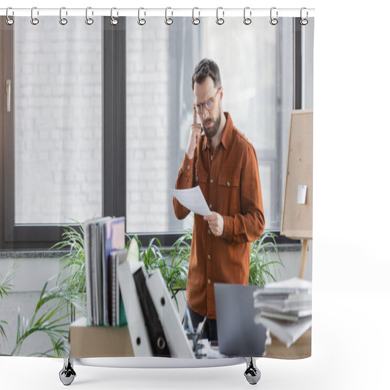 Personality  Thoughtful And Busy Businessman In Eyeglasses Looking At Document While Standing Next To Work Desk With Laptop, Plenty Of Books, Notebooks, Folders And Corkboard With Sticky Note On Background Shower Curtains