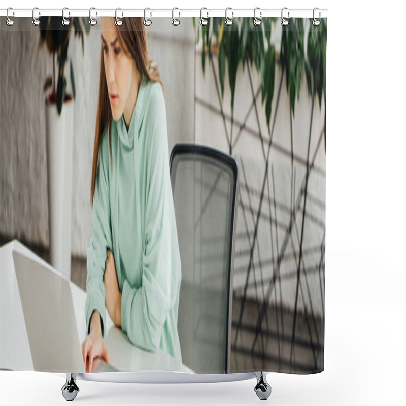 Personality  Panoramic Shot Of Upset Girl Sitting At Table And Using Laptop At Home Shower Curtains