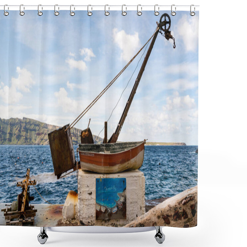 Personality  SANTORINI, GREECE - APRIL 10, 2020: Aged And Rusty Boat With Bell Marine Hellas Lettering Near Sea In Greek Island  Shower Curtains