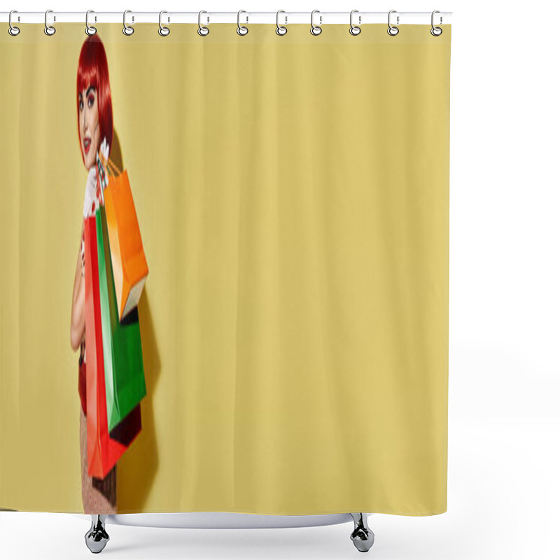 Personality  A Stylish Redhead Woman With Pop Art Makeup Holding Shopping Bags Against A Yellow Background. Shower Curtains