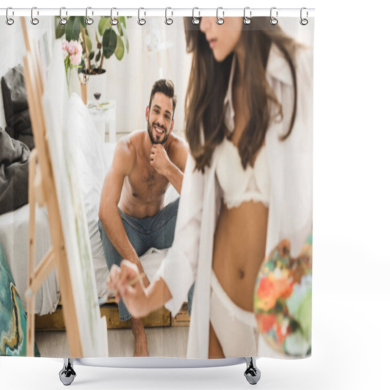 Personality  Cropped View Of Sexy Girl In White Underwear Drawing While Shirtless Man Smiling And Sitting In Bed  Shower Curtains