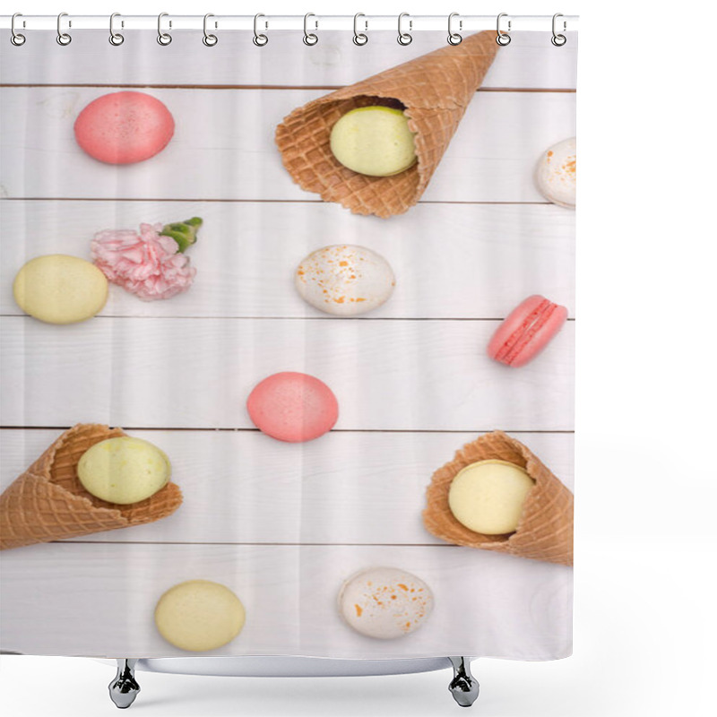 Personality  Variety Of Fresh Macaroons In Waffle Cones Shower Curtains