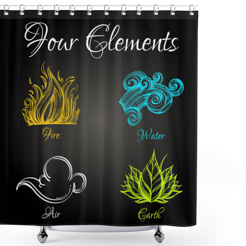 Personality  Four Elements. Fire, Water, Air, Earth. Set Of Outline Vector Illustrations On Black Background. Shower Curtains