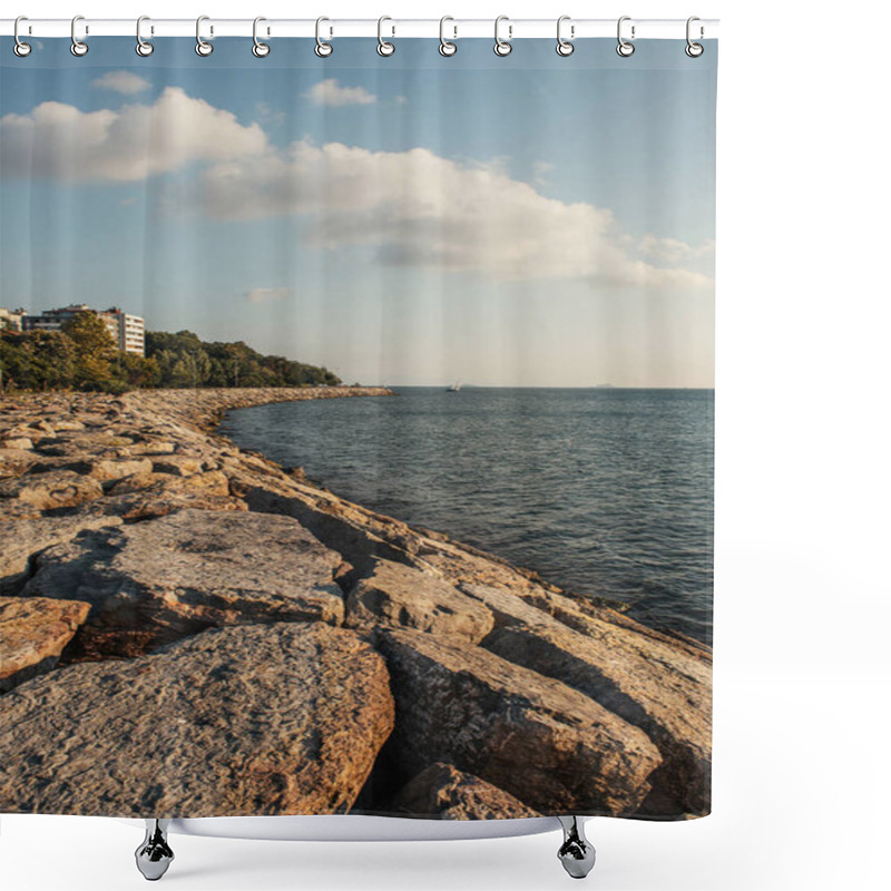 Personality  Coastline With Stones And Sky At Background, Istanbul, Turkey  Shower Curtains